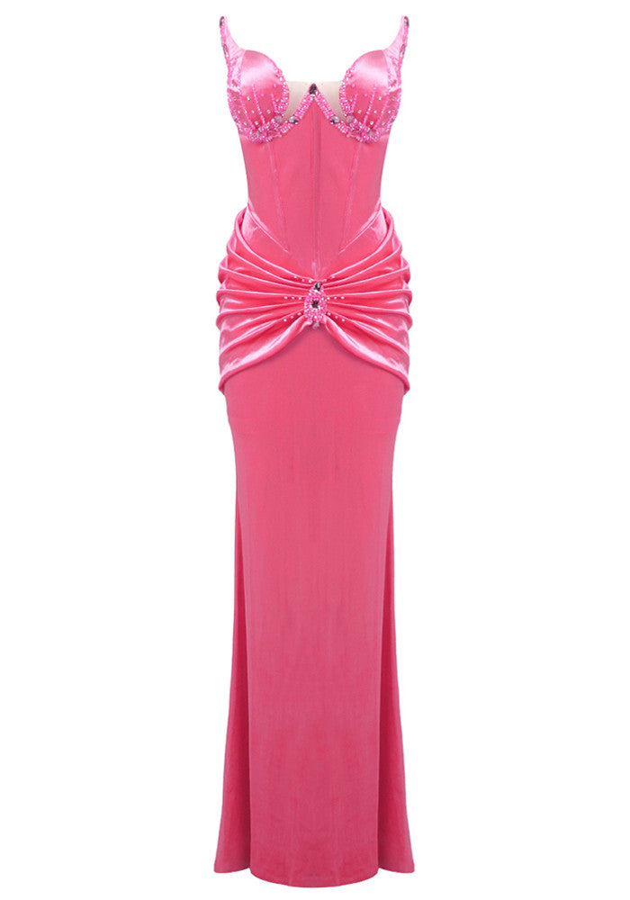 Strapless Crystal Bustier Draped Maxi Dress Pink