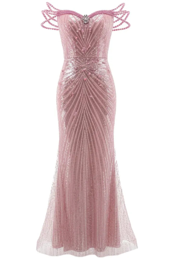 Embellished Bardot Sequin Maxi Dress Pink