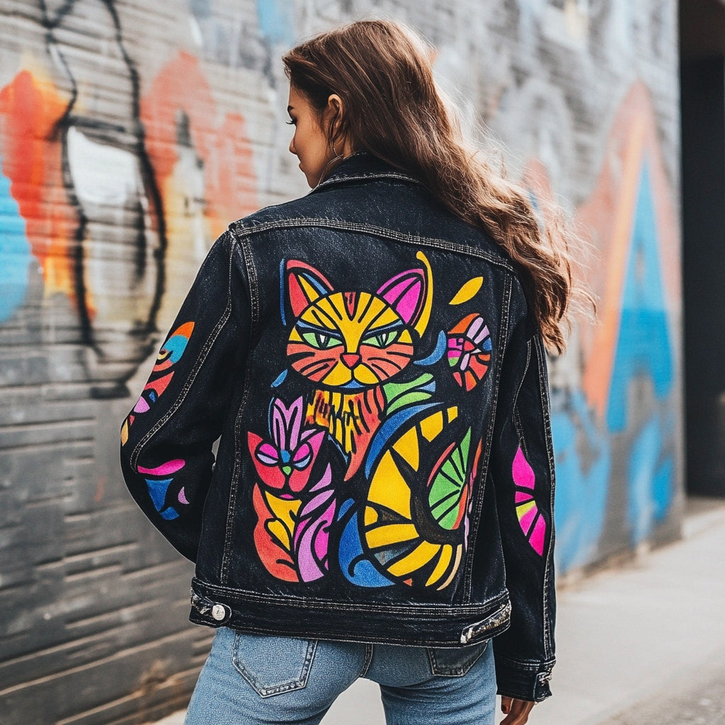Women's Pop Art Cat Design Denim Jacket