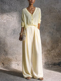Women's Minimal Casual Pale Yellow Cotton Blend V Neck Single Button Pleated Full Length Wide Leg Pants Two Piece Set MDZ1081G1GMJ