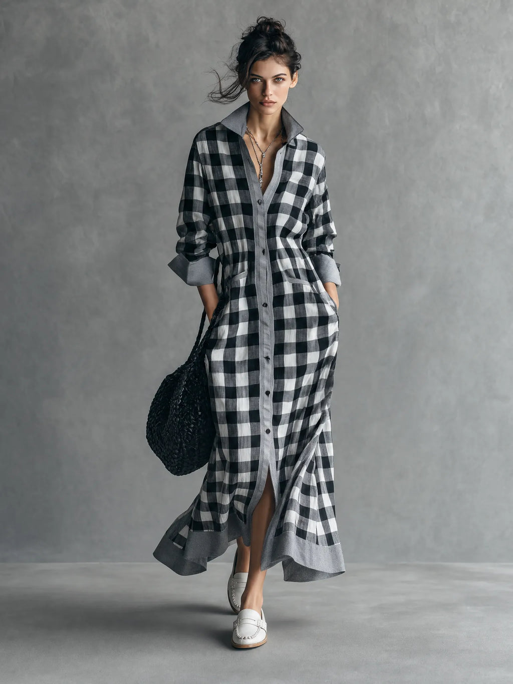 Women's Minimalist Plaid Color-Block Single-Breasted Long-Sleeve Maxi Dress MDZ2021G1WY