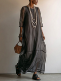 Women’s Dark Gray Minimalist Sheer Chiffon Overlay Round Neck Mid Sleeve Flowy Tiered Oversized Maxi Dress MDZ0299G1T