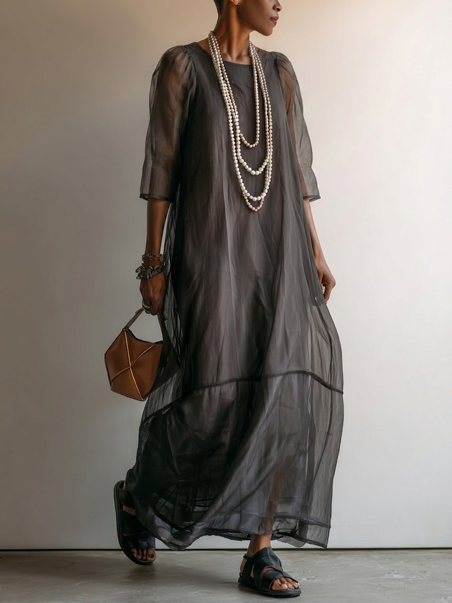Women’s Dark Gray Minimalist Sheer Chiffon Overlay Round Neck Mid Sleeve Flowy Tiered Oversized Maxi Dress MDZ0299G1T