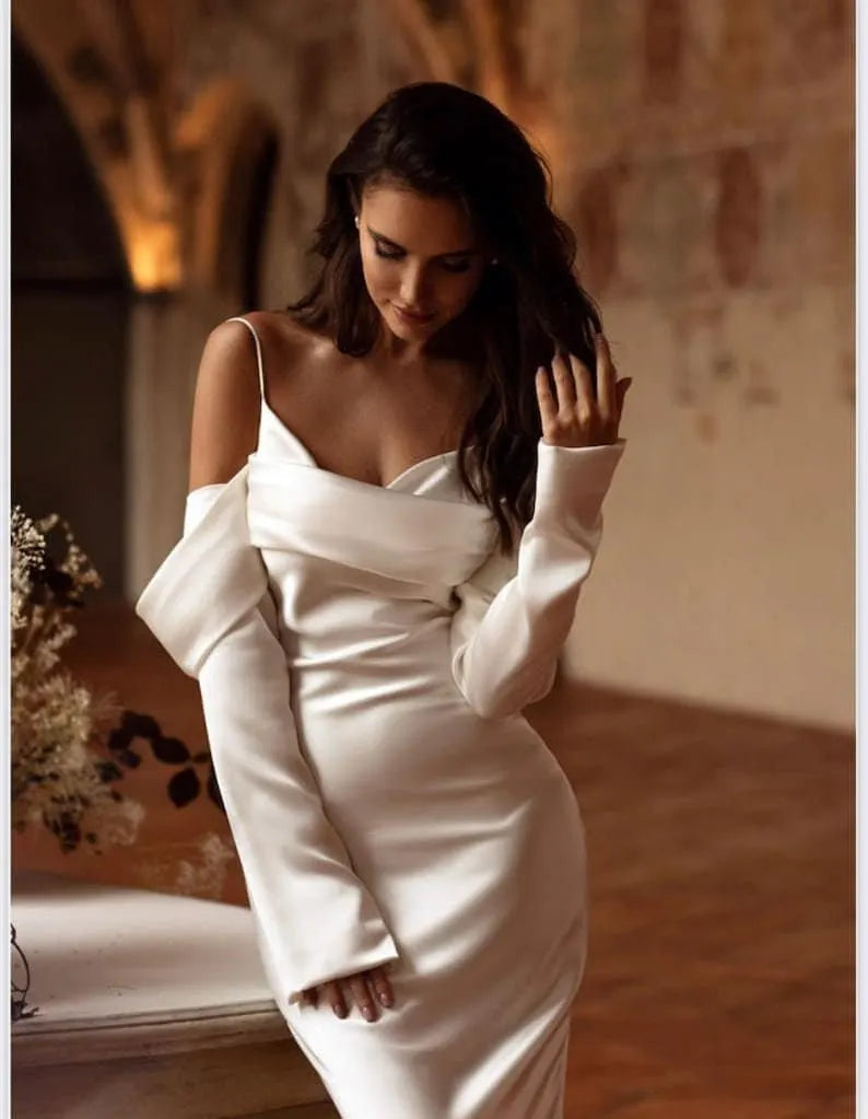 Satin wedding dress and off-shoulder neckline help you create Highlights, Sleeves help hide your flaws.