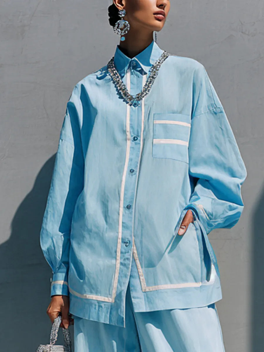 Women's Casual Vacation Light Blue Cotton Blend Contrast Binding Strap Cropped Wide Leg Pants Two Piece Set MDZ0928G6GMJ