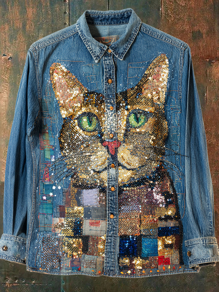 Vintage Sequined Cat Headshot Art Women's Long Sleeve Denim Shirt