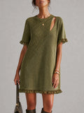 Olive Cutout Ruffle Trim Knit Mini Dress
