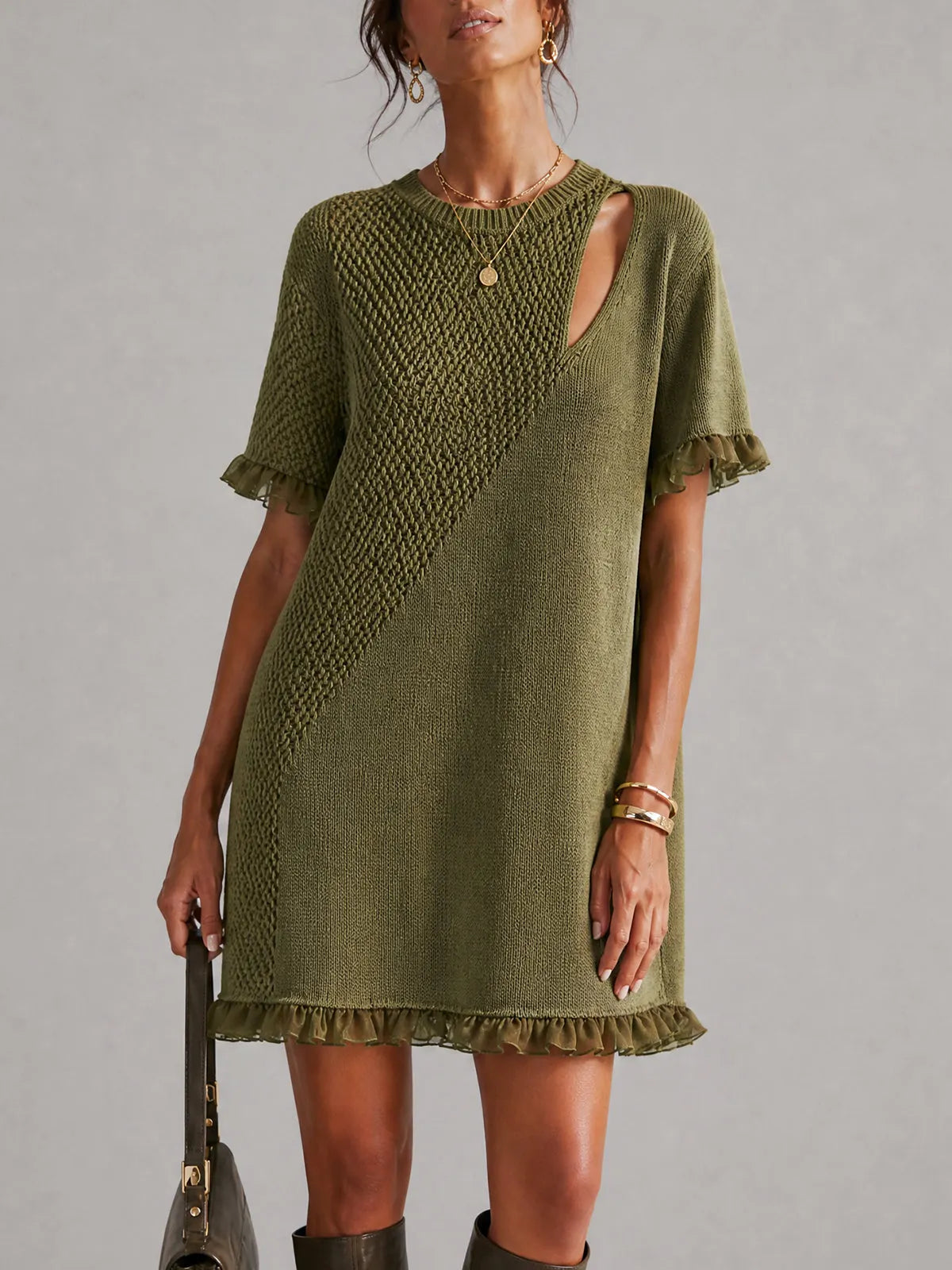 Olive Cutout Ruffle Trim Knit Mini Dress