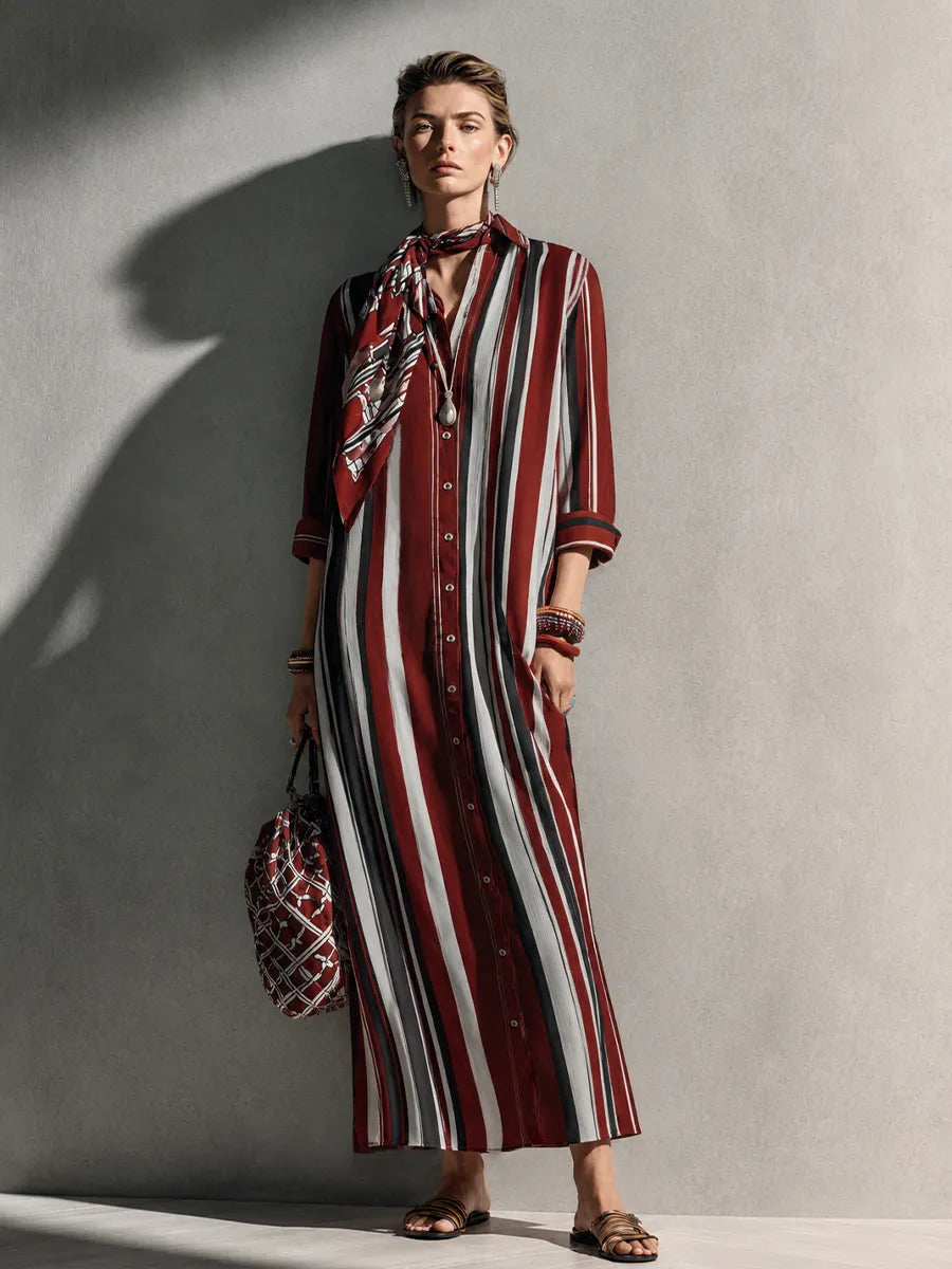 Women's Retro Casual Burgundy Cotton Blend Collared Three-Quarter Sleeve Color-Blocked Vertical Striped Long Shirt Dress MDZ0644G8GMJ