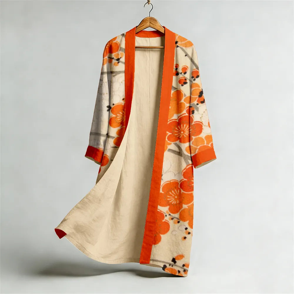 Vintage Japanese Plum Blossom Flowy Linen Long Kimono