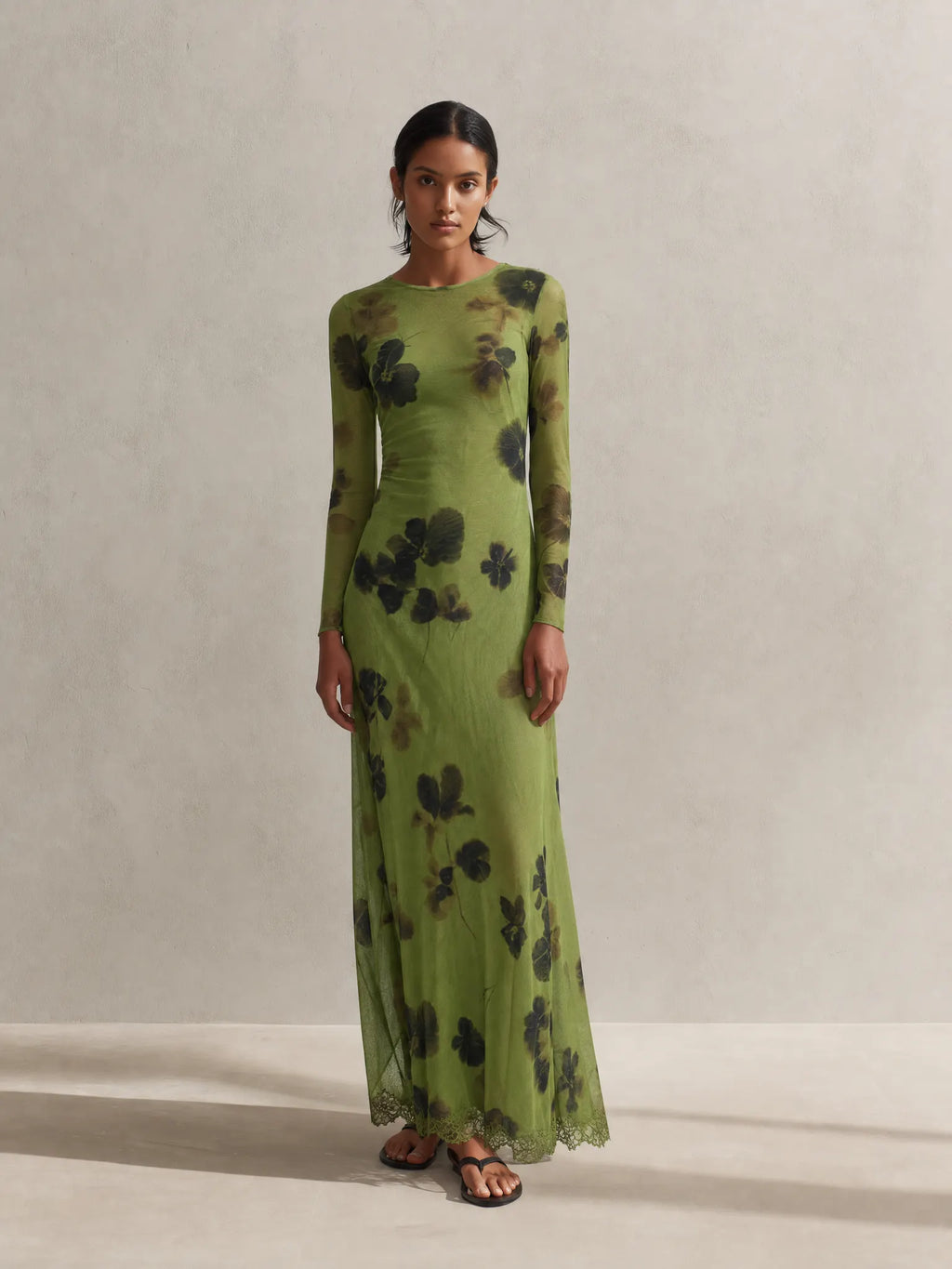 Women's Elegant Green Floral Print Mesh Round Neck Long Sleeve Lace Trim Maxi DressMDZ2052G5ZSQ