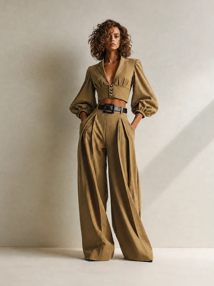 Women's Elegant Casual Dark Khaki Peak-Lapel Blouson-Sleeve Button-Front Cropped Jacket & High-Waisted Wide-Leg Trouser Set MDZ2448G8CMX