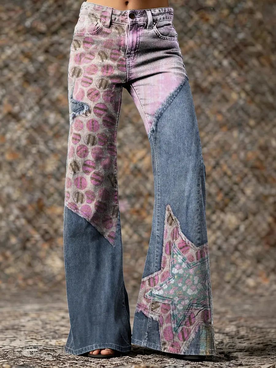 Women's Retro Floral And Star Patchwork Art Print Casual Slim-fit Flared Pants