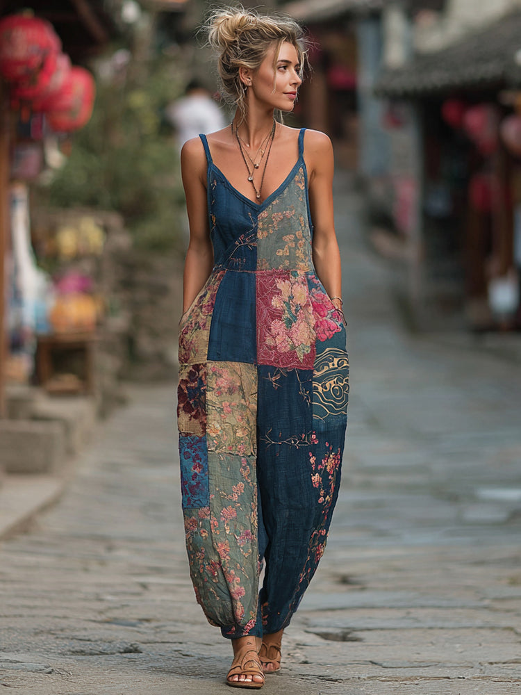 Women's Japanese-style Floral Linen Sleeveless V-neck Jumpsuit