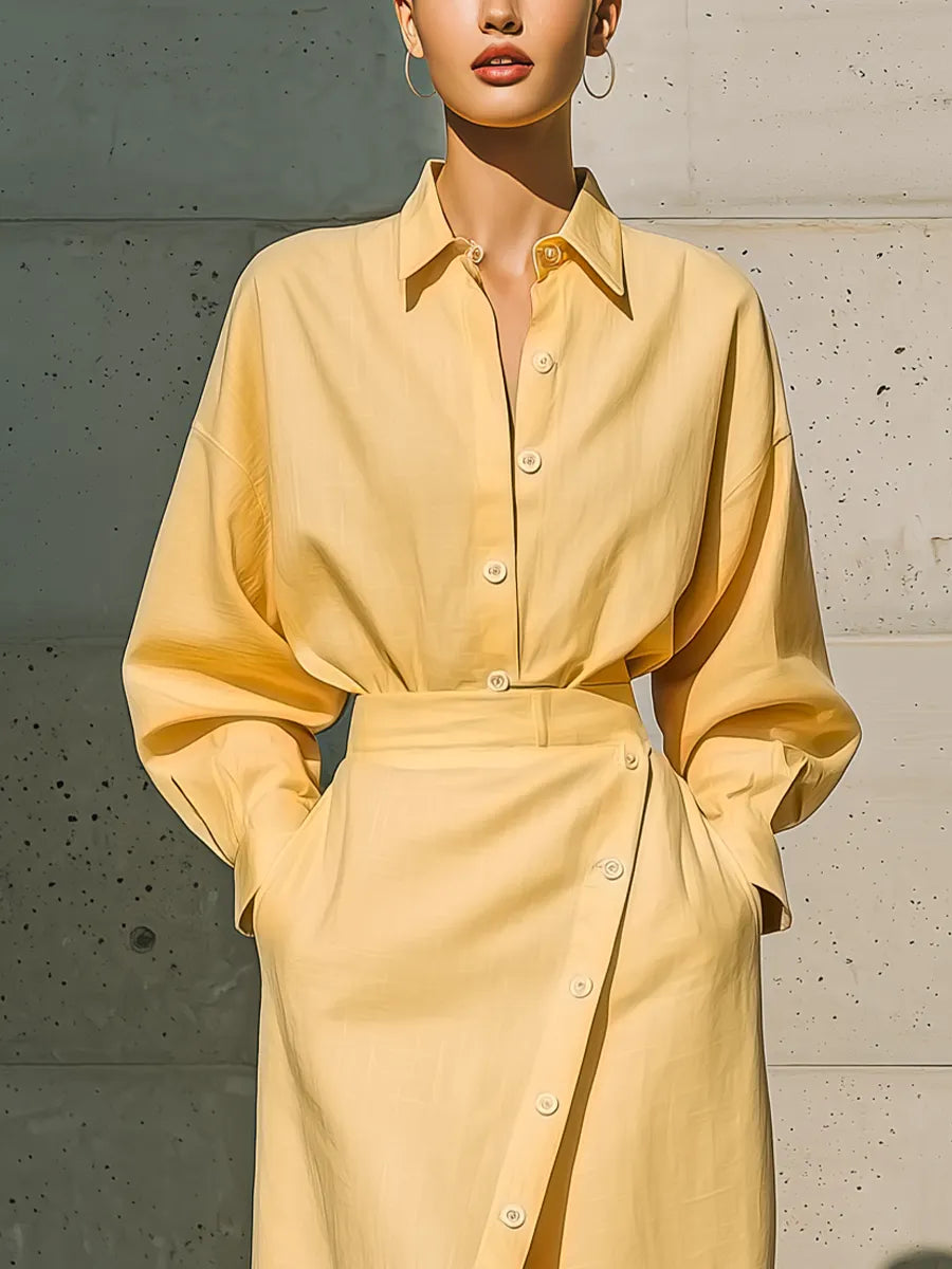 Women's Pale Yellow Cotton-linen Blend Collared Oversized Button Down Shirt Wrap Asymmetric Button Split Midi Skirt Two Piece Set MDZ1723G2YZJ