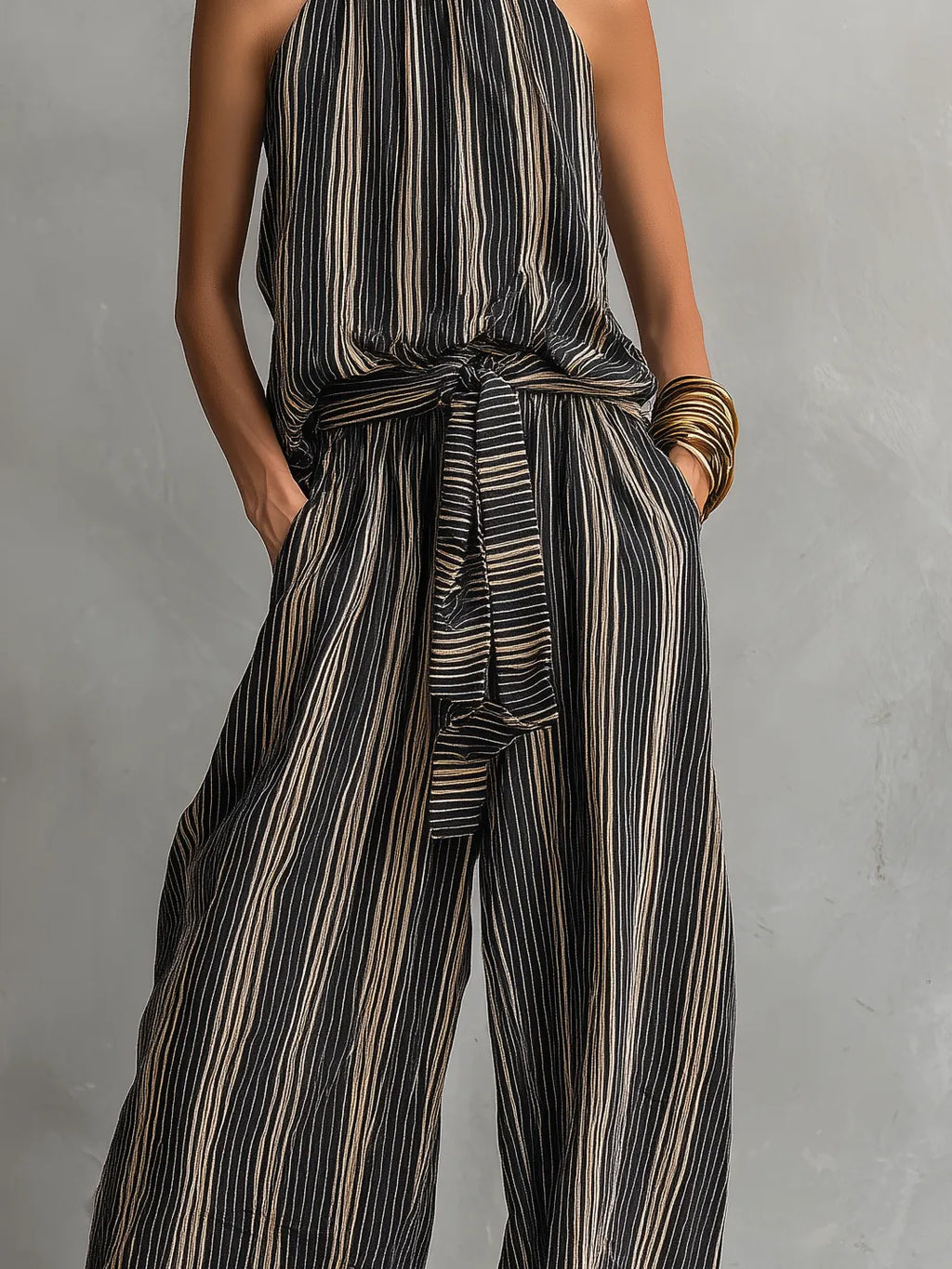 Women's Elegant Striped Printed Woven Round Neck Sleeveless Top Paired With Trousers Set MDZ2706B5AN
