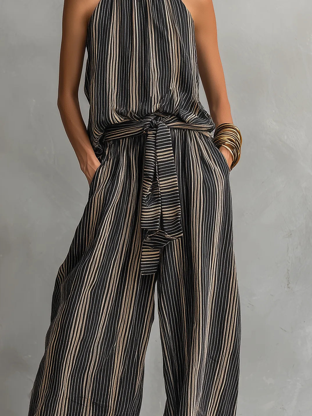 Women's Elegant Striped Printed Woven Round Neck Sleeveless Top Paired With Trousers Set MDZ2706B5AN
