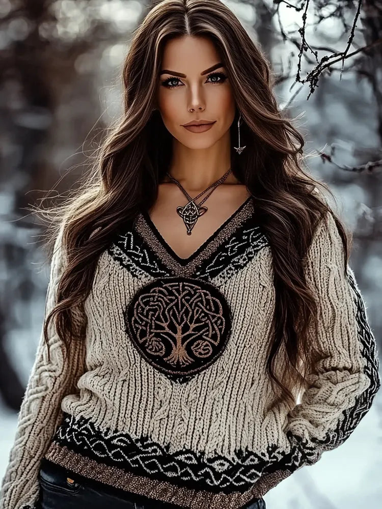 Women's Viking Tribal Tree Of Life Celtic Chunky Knit V-neck Sweater