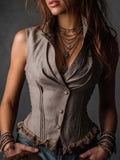 Taupe Cotton-Linen Blend Tailored Corset Vest With Lace Trim