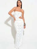 Azmira Strapless Lace Maxi Dress – White & Mustard Yellow Cut-Out Beach Holiday Dress