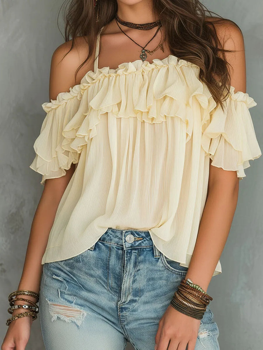 Boho Soft Yellow Cold-Shoulder Ruffled Chiffon Blouse