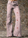 Women's Red Heart Art Print Washed Cotton  Pants