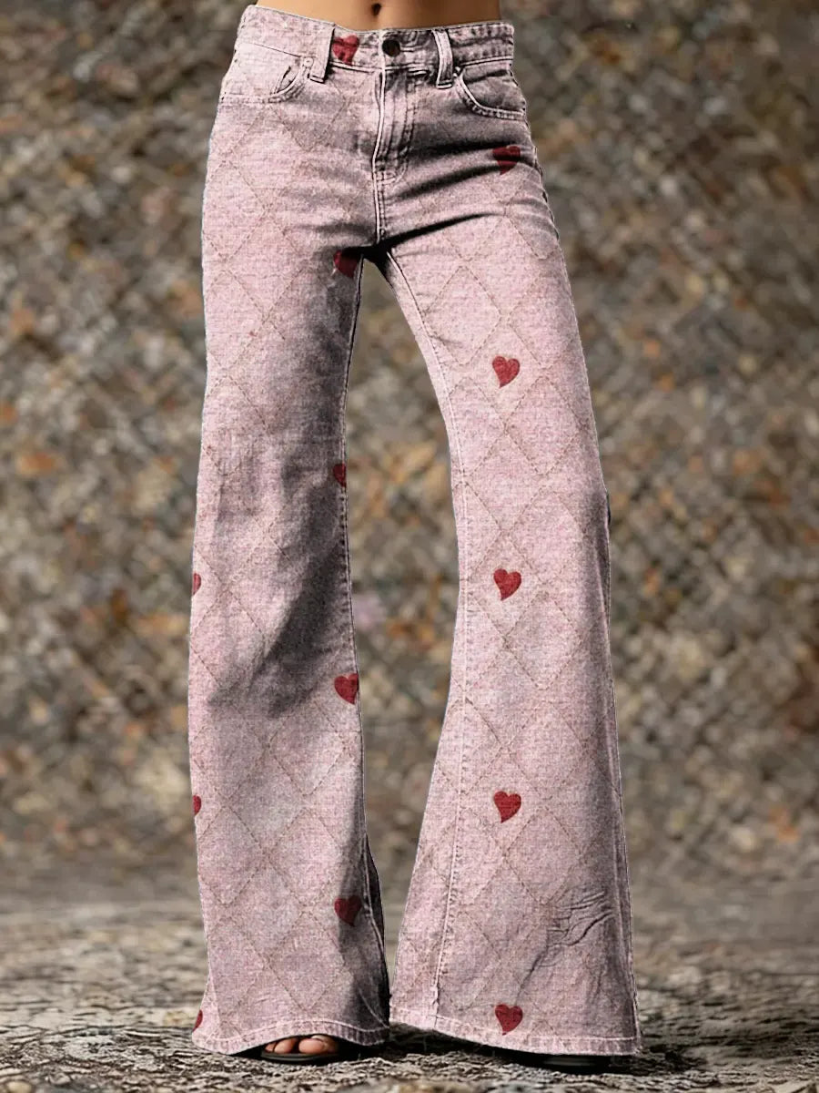 Women's Red Heart Art Print Washed Cotton  Pants