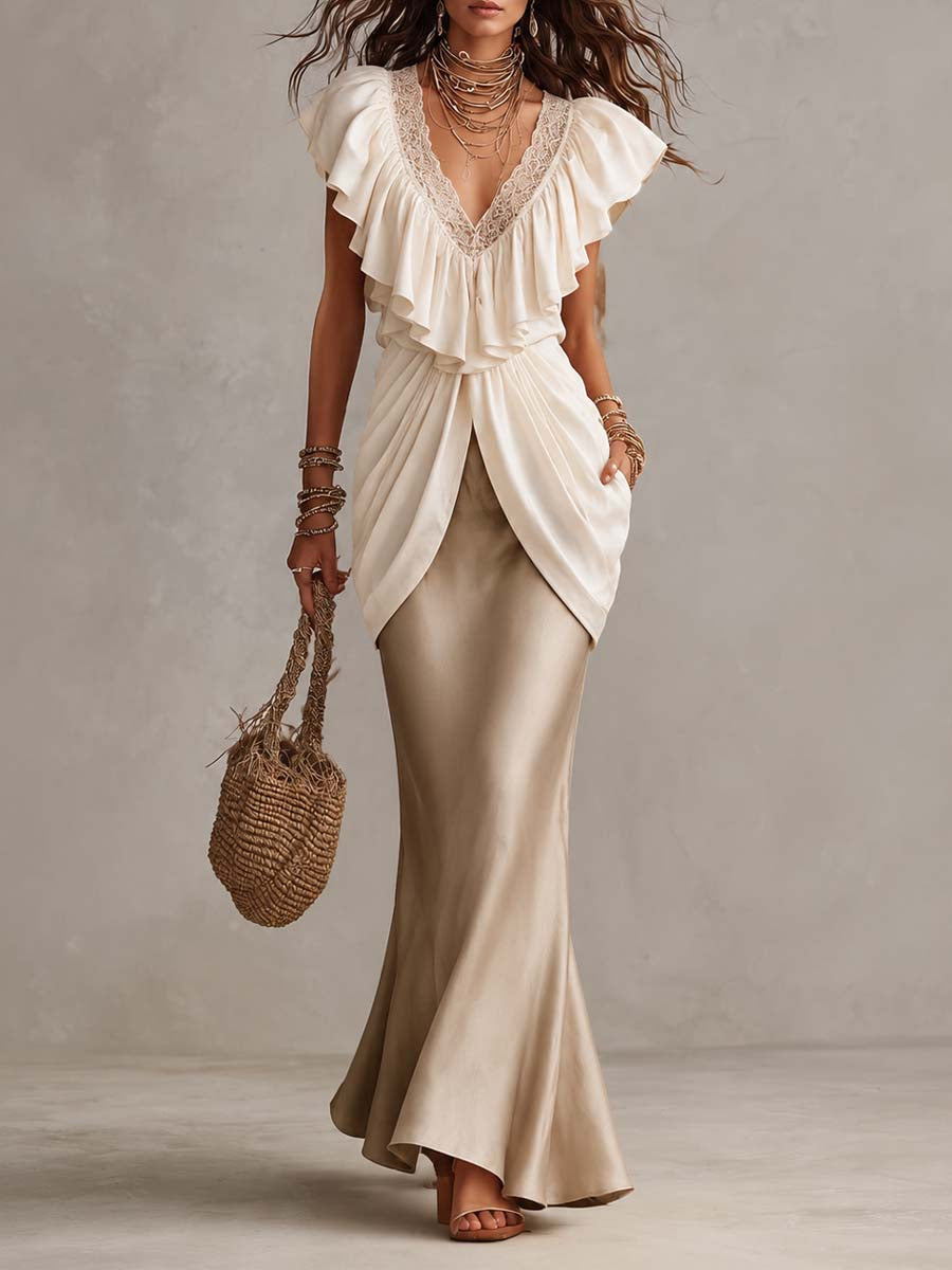 V Neck Ruffle Lace Trim Draped Overlay Top Satin Mermaid Maxi Dress Set