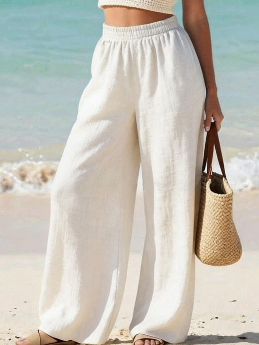 Women's Solid-color Wide-leg Casual Cotton-linen Trousers