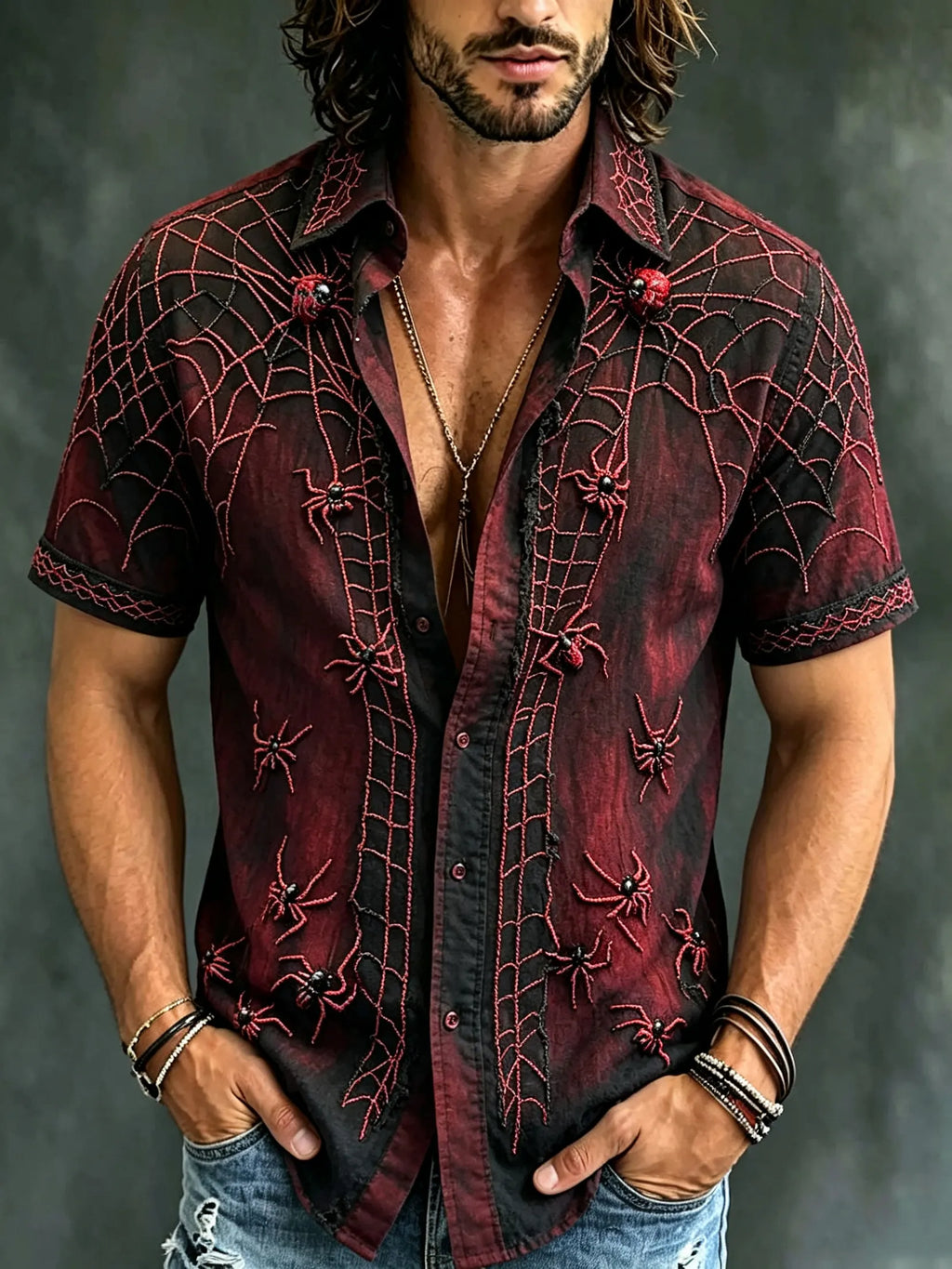 Men's Retro Halloween Spiderweb Art Casual Shirt
