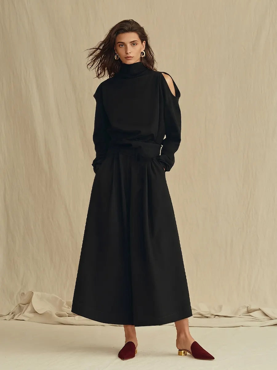 Women's Black Soft Woven Two-Piece Set With Turtleneck Cold Shoulder Long Sleeve Top & Side Pocket Skirt, Minimalist Elegant Smart Casual Matching Outfit MDZ0197G7LYL