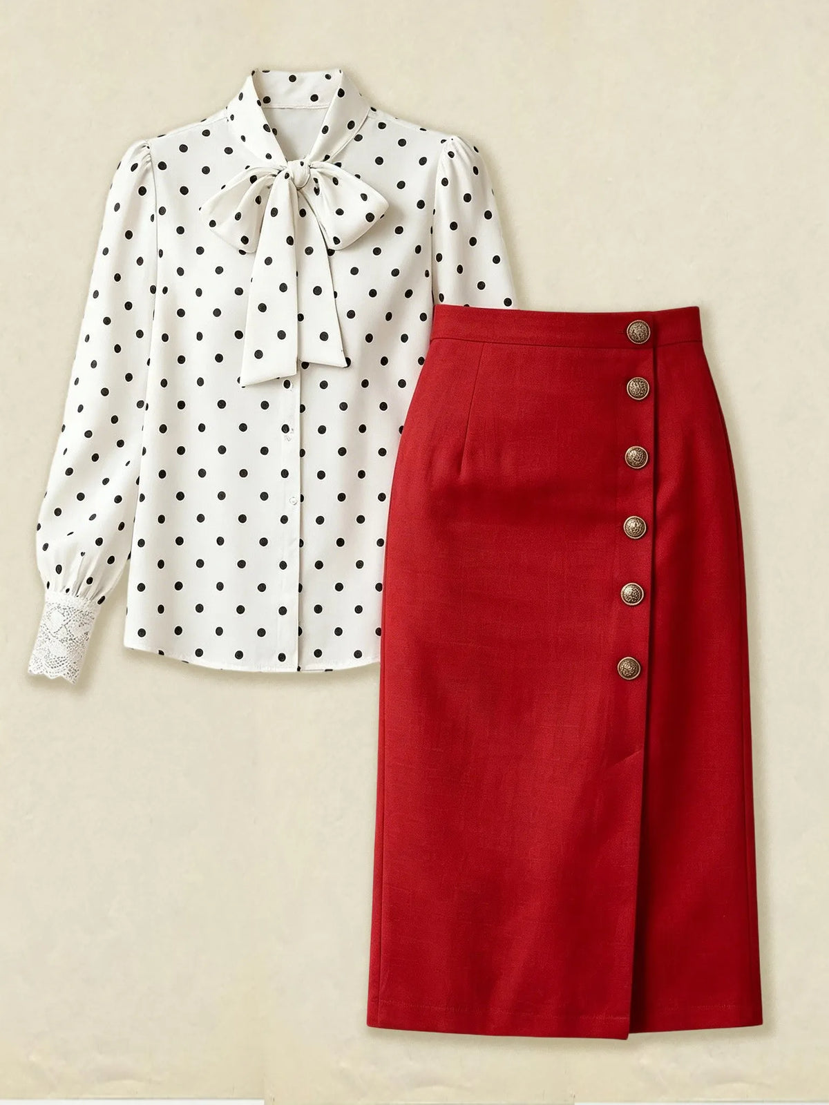 Cotton Shirt (Skirt not included.), Long Sleeves, Polka Dots, Button Design, French Vintage, White
