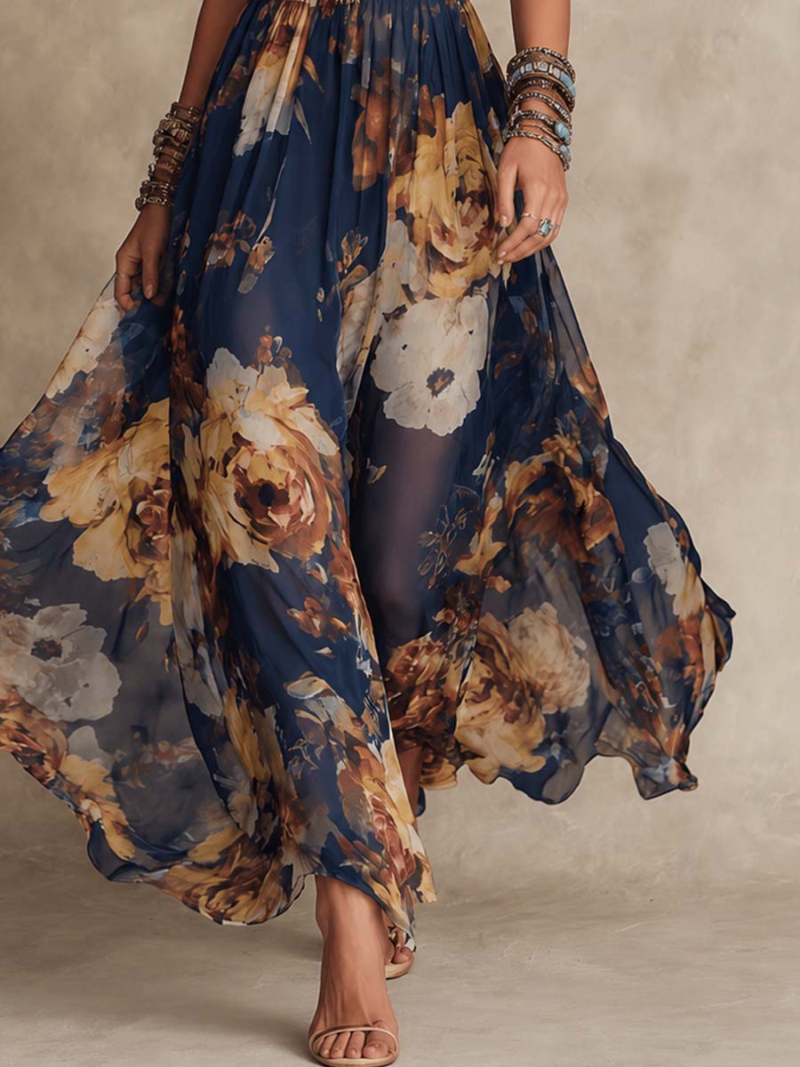 Retro Fine-Strap Chiffon Midi Dress With Oil-Painting Style Floral Print