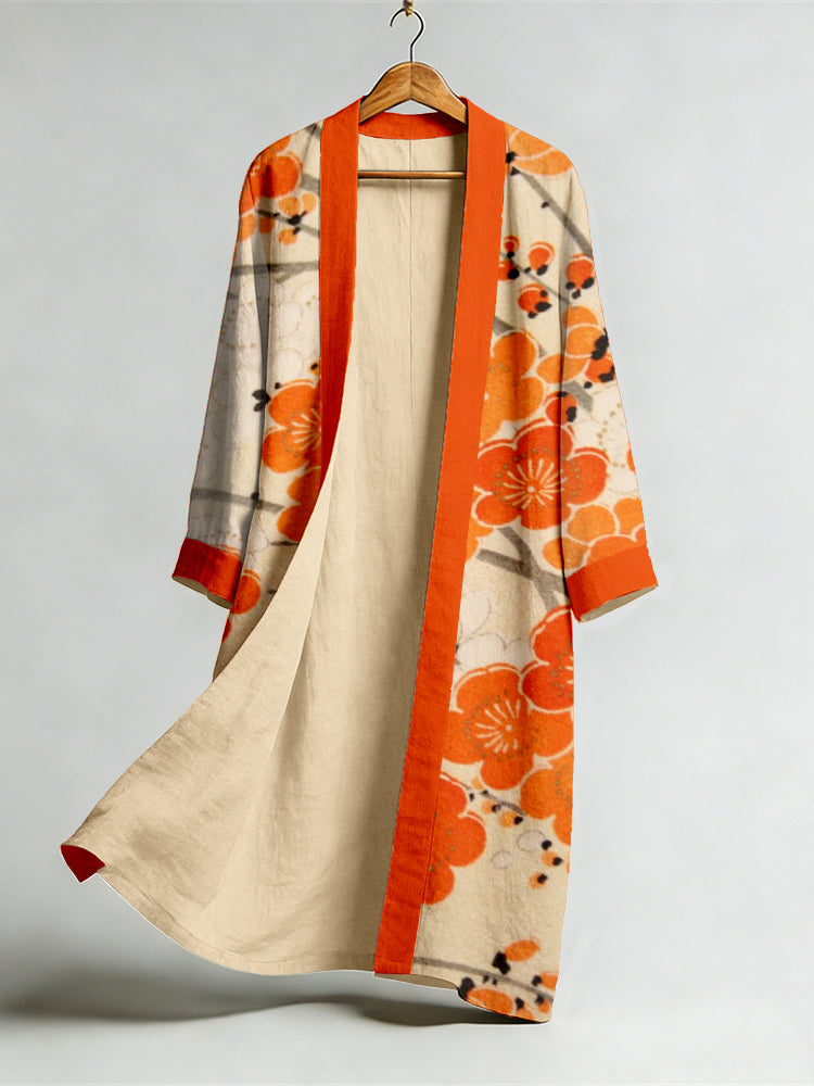 Vintage Japanese Plum Blossom Flowy Linen Long Kimono