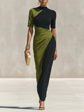 Women's Black & Olive Green Color-Block Jersey Maxi Dress With High Neck & Waist Ruched Detail, Elegant Bodycon Evening Dress MDZ0948F9LYL