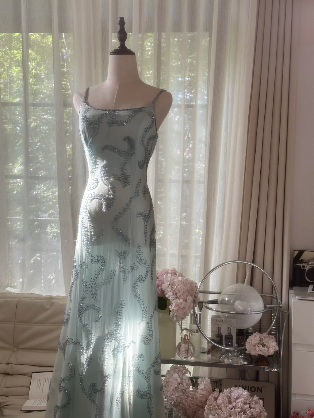 Lit Blue Gorgeous Sparkling Fashion Elegant Exquisite Beaded Long Chiffon Fairy Ball Gown Evening Dress Birthday/Wedding Guest/Vacation Party Dress Prom Dress Valentine's Day Date Dress 4036