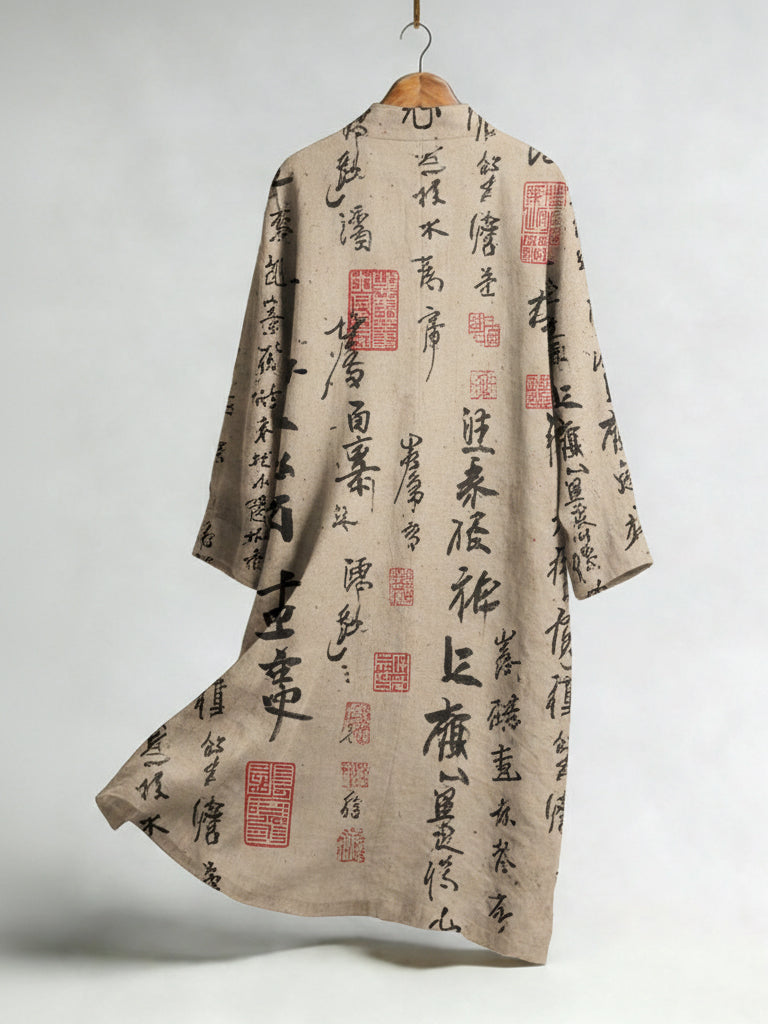 Japanese Calligraphy Art Pattern Linen Blend Kimono