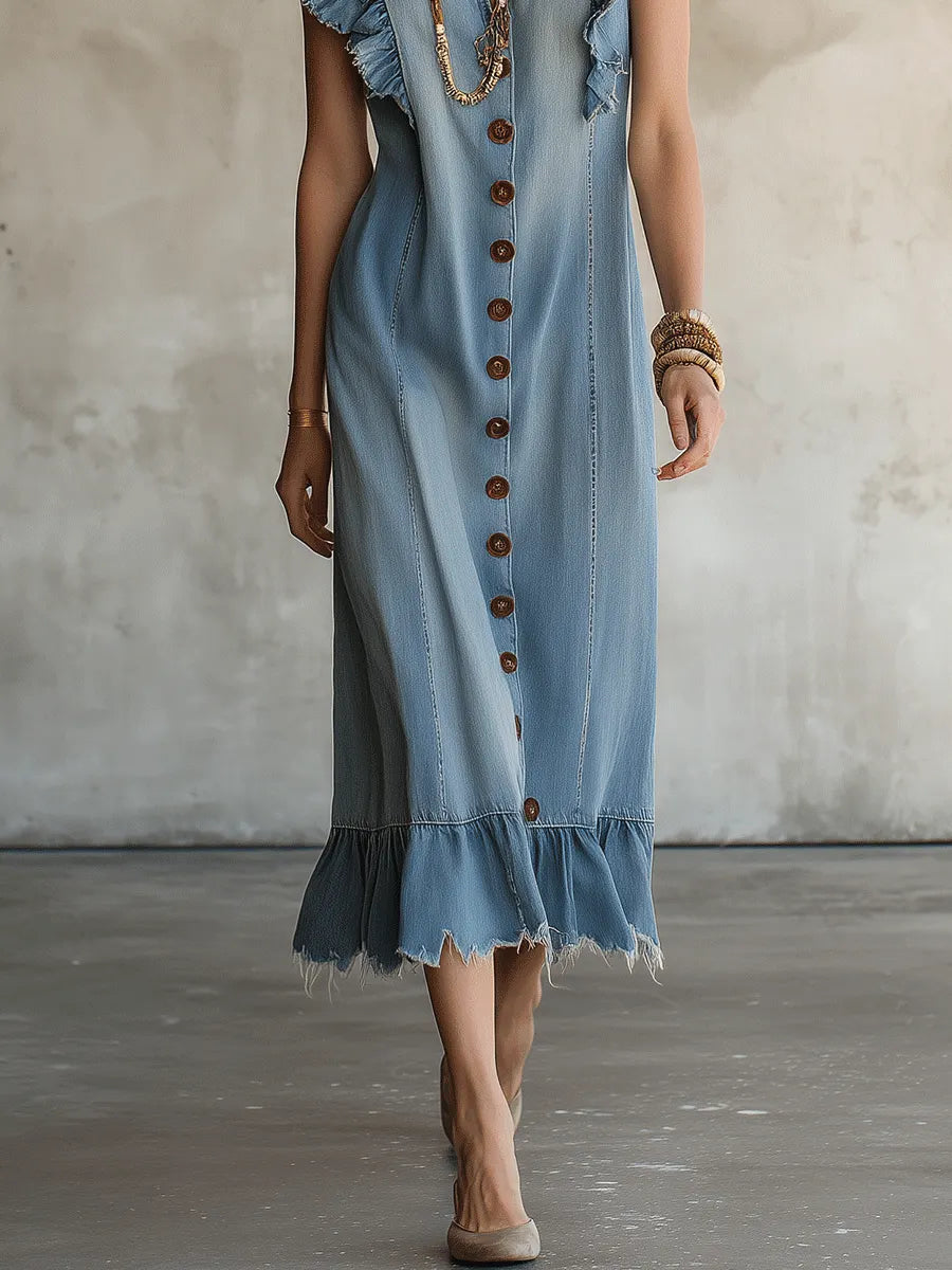 Vintage Western Cotton-Denim Flutter-Sleeve Ruffle-Trim Blue Midi Dress