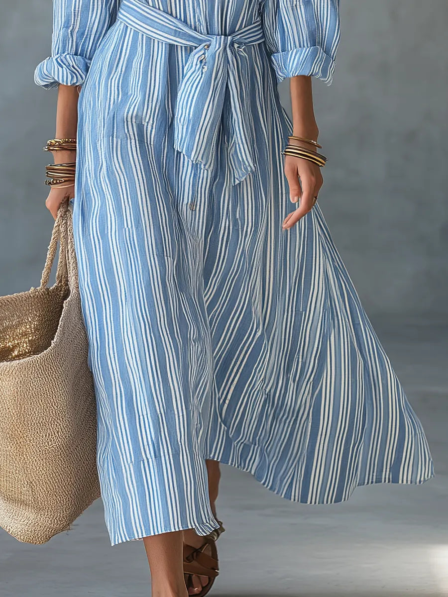 Relaxed Sky Blue Striped Shirt Maxi Dress