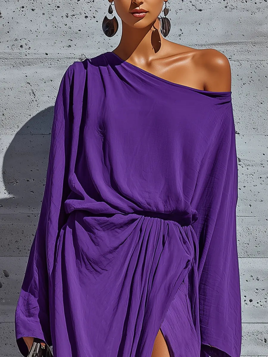 Women’s Elegant Deep Purple Cotton Blend Asym Cold Shoulder Batwing Sleeve Ruched Waist Wrap Over Split Maxi Party Dress MDZ0645G9YZJ