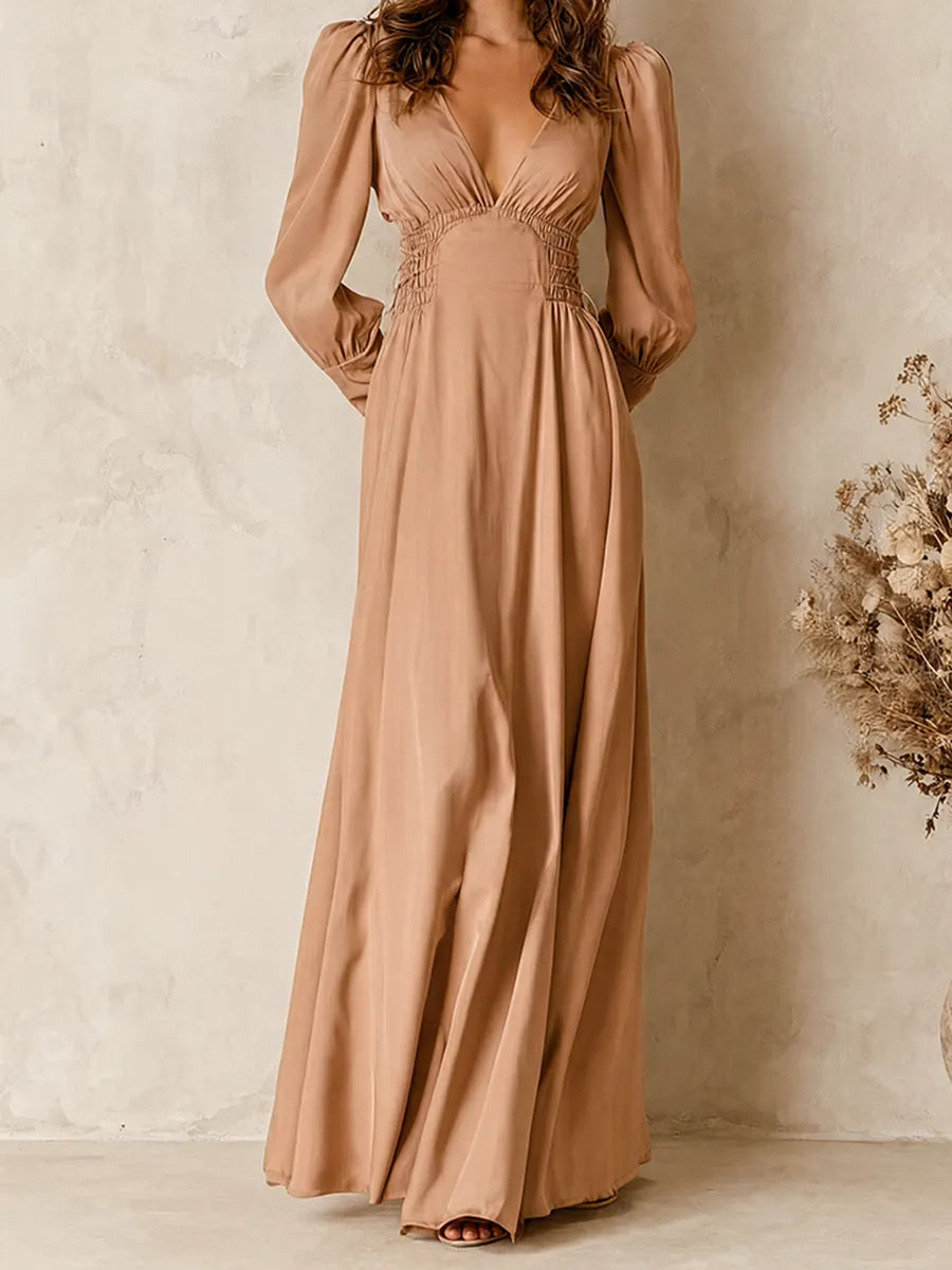 Women's Elegant  Pink Deep V-Neck Puff-Sleeve Cinched-Waist Flowing Chiffon Maxi Dress MDZ0941G7CMX