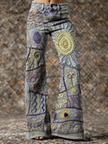 Women's Vintage Floral Patchwork Art Print Casual Washed Cotton  Pants