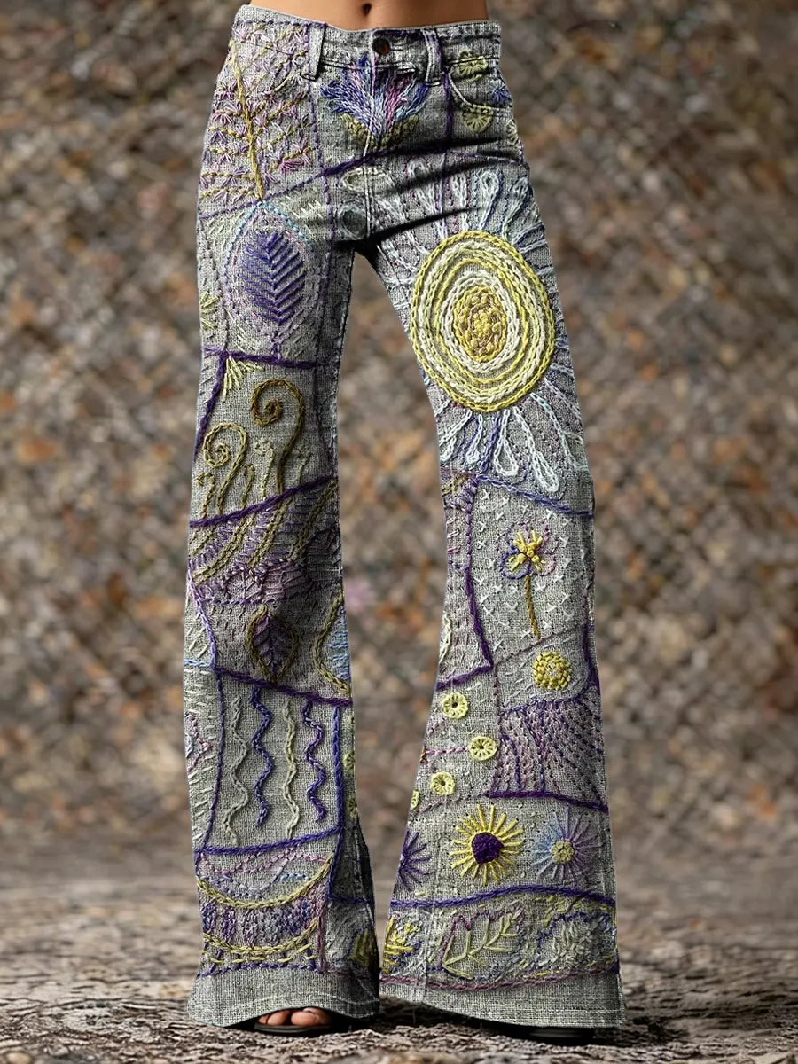 Women's Vintage Floral Patchwork Art Print Casual Washed Cotton  Pants