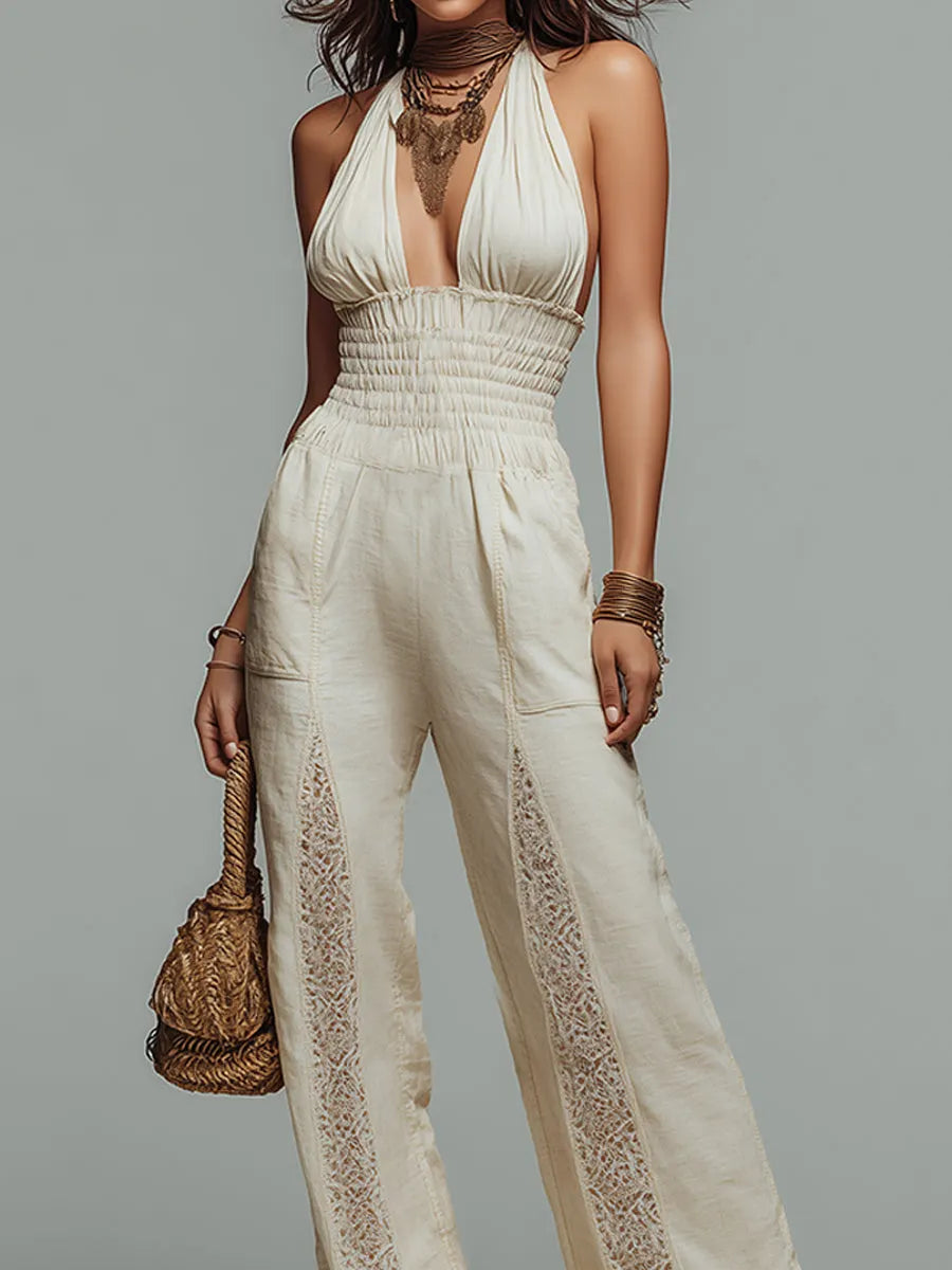 Retro Shirred-Waist Halter-Neck Lace-Trimmed Wide-Leg Jumpsuit