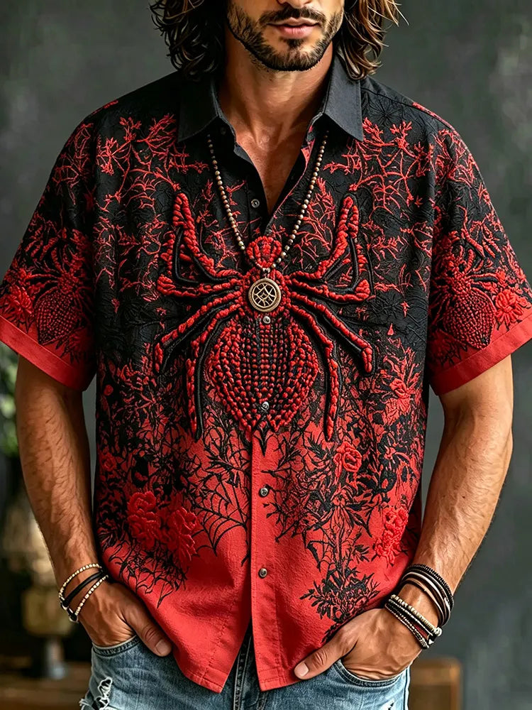 Vintage Gothic 3d Spider Embroidery Gradient Red Black Shirt