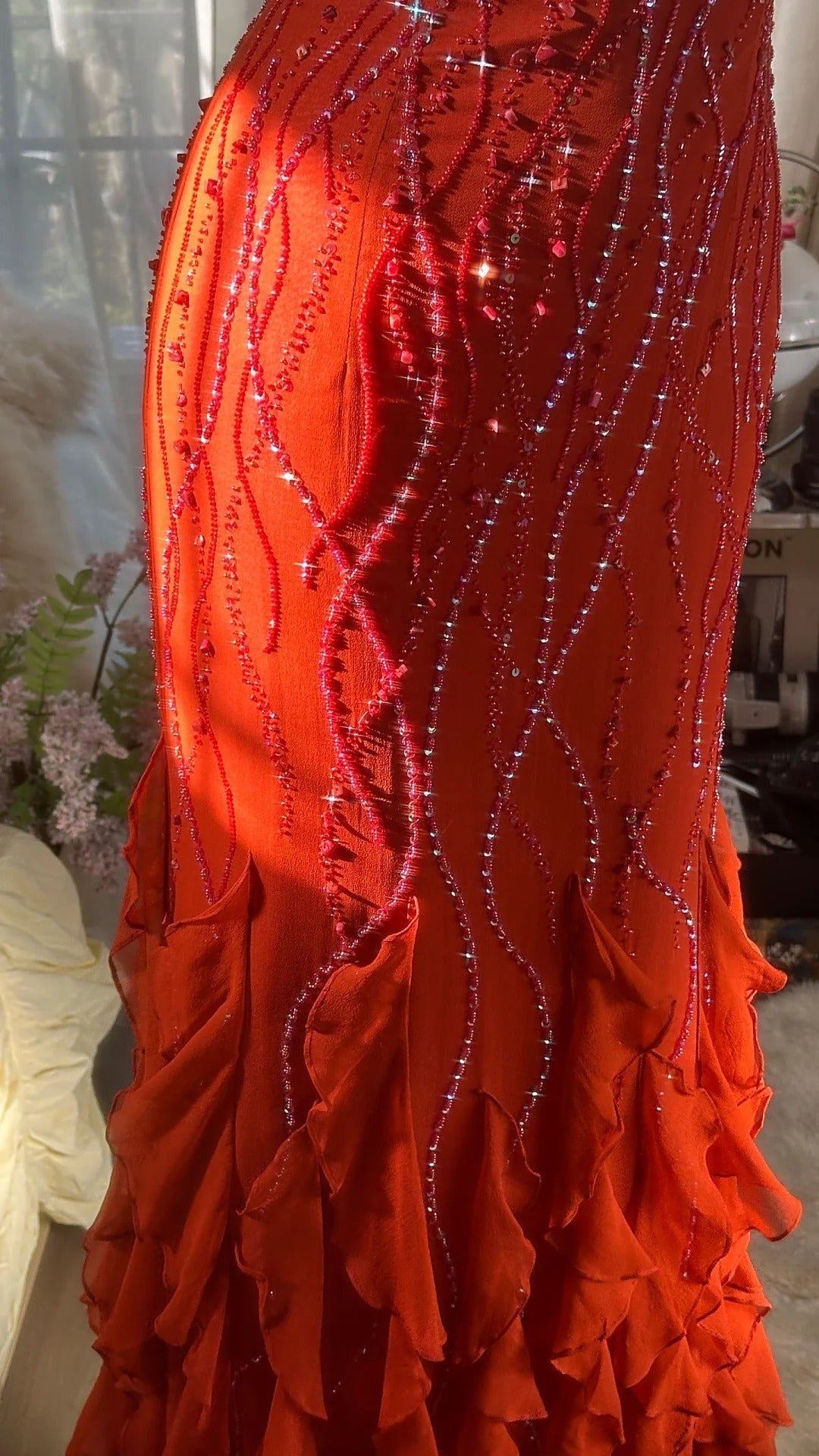 Vintage Evening Dresses, Orange Mermaid Sleeveless Long Party Gowns  25529