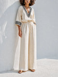 Women's Bohemian Resort-Style Beige Geometric-Embroidered V-Neck Bishop-Sleeve Drawstring Wide-Leg Linen Set MDZ1370G6CMX