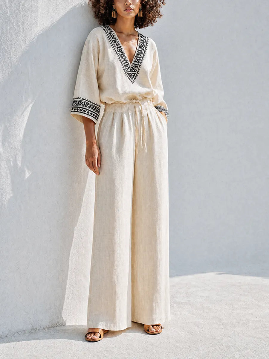 Women's Bohemian Resort-Style Beige Geometric-Embroidered V-Neck Bishop-Sleeve Drawstring Wide-Leg Linen Set MDZ1370G6CMX