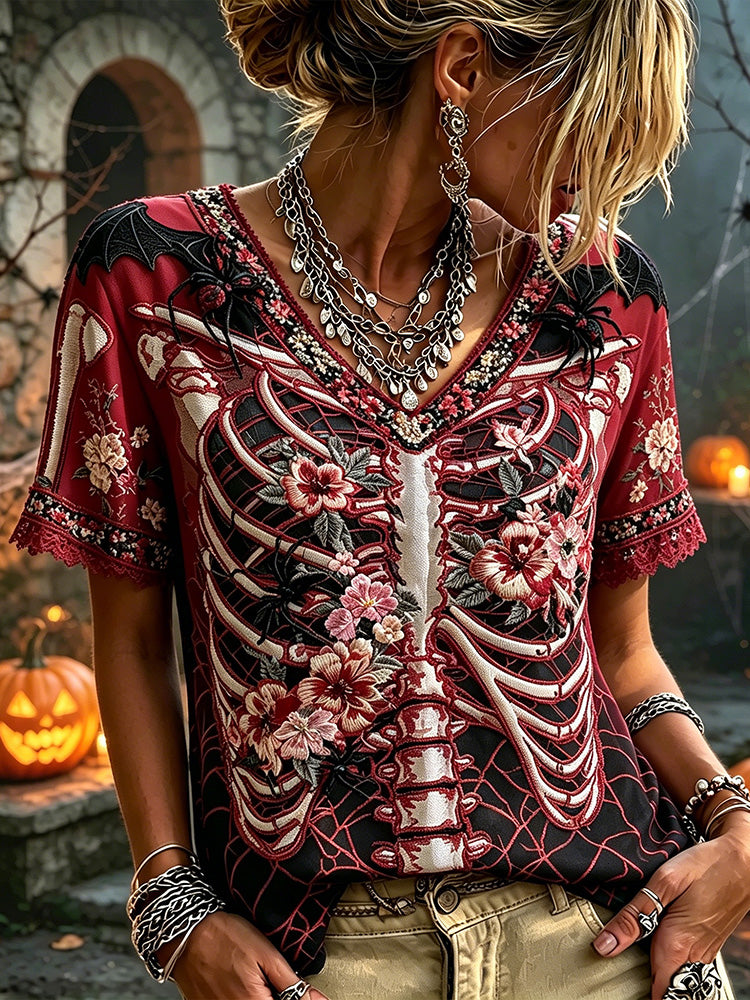 Gothic Skeleton Ribcage Floral Embroidery Halloween Bat Spider Lace  V-neck Top