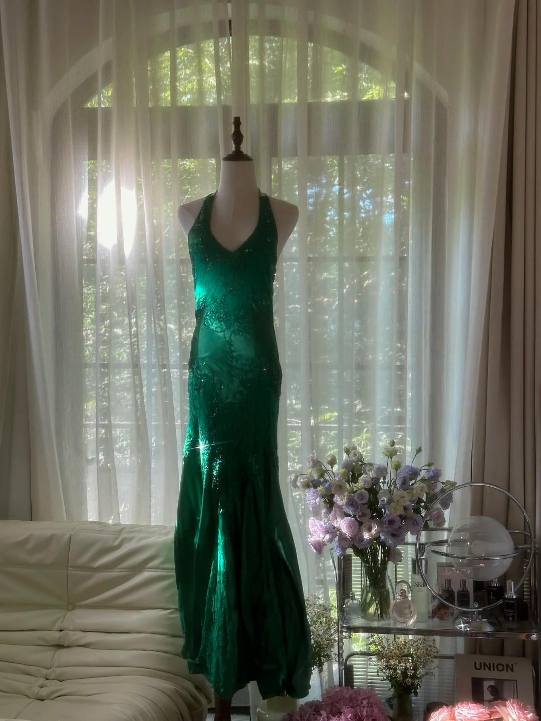 Green Gorgeous Shiny Fashion Elegant Delicate Lace Beading Long Satin Chiffon Fairy Ball Gown Evening Dress Birthday/Wedding Guest/Holiday Party Dress Prom Dress Valentine's Day Date Dress 4037